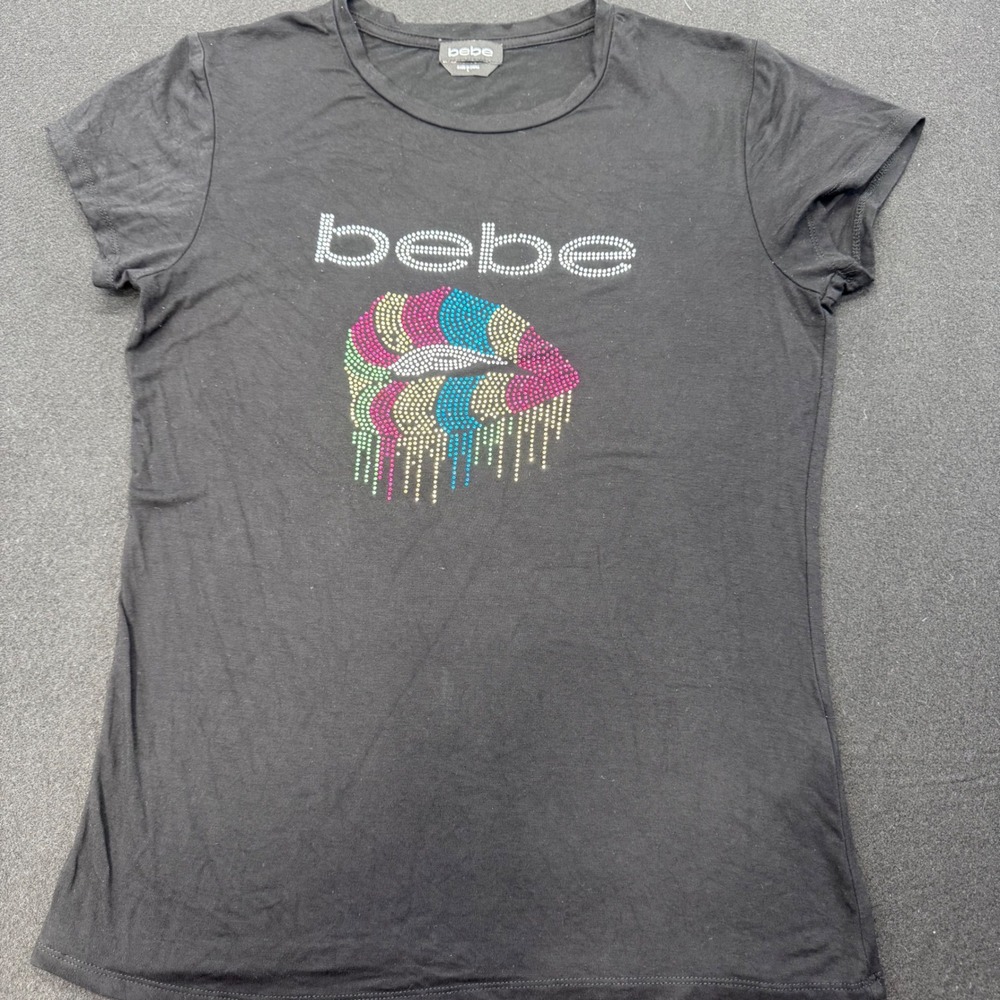 Bebe Womens Black Rhinestone Dripping Lips Graphic T-Shirt Large Y2K Multi-Color